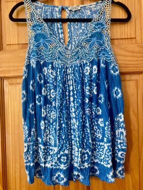 Lucky Brand Blue Boho Tank Embroidered Lace Yoke Linen Blend Size L